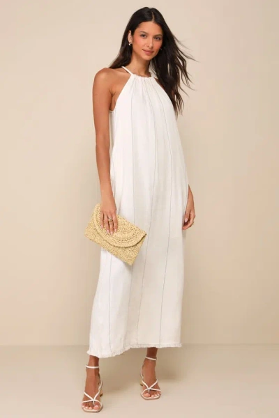 Little Lies Ainsley Beige Pinstriped Linen Halter Maxi Dress With Pockets