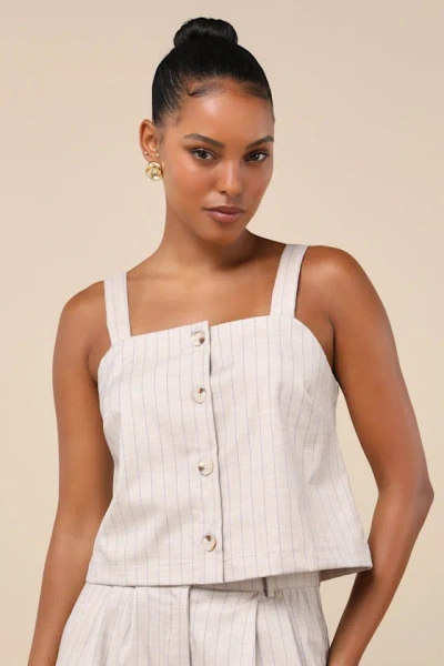 Little Lies Breezy Catch Beige And Blue Pinstriped Button-up Cami Top