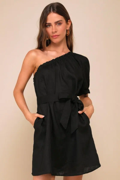 Little Lies Truly Cute Black Linen One-shoulder Mini Dress With Pockets