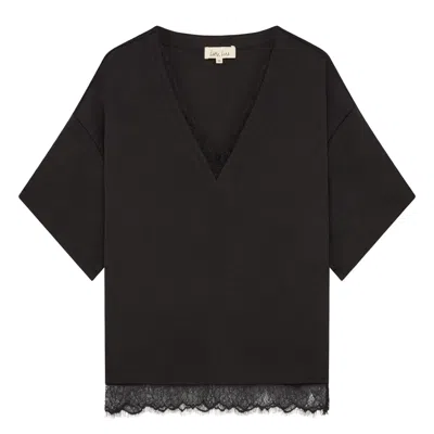 Little Lies Women's Roxy Lace Trim Black Satin Tee