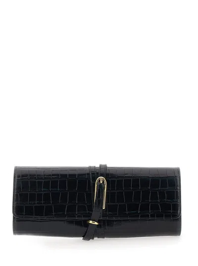 Little Liffner Black Clutch With Belt Closure And Crocodile Effect In Leather Woman