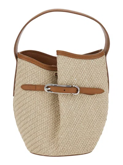 Little Liffner Shoulder Bag Belted Bucket Bag Raffia Beige With Raffia Handle And Leather Belt Detail. In Viscose A In Sand