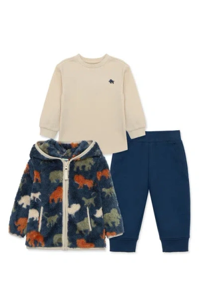 Little Me Kids'  Animal Print Fleece Hooded Jacket, Waffle T-shirt & Pants Set In Blue