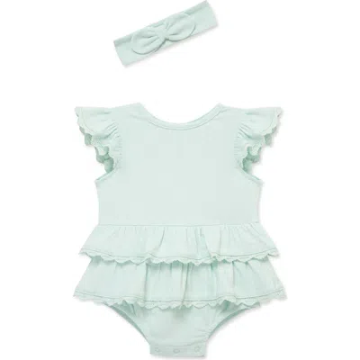 Little Me Babies'  Aqua Lace Bubble Bubble Romper & Headband Set In Green