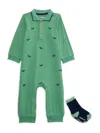 Little Me Baby Boy's 2-piece Embroidered Rib Knit Coverall & Socks Set In Green