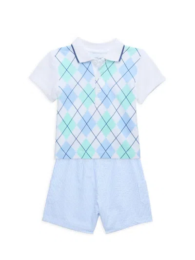Little Me Baby Boy's Geometric Print Polo & Striped Shorts Set In Blue