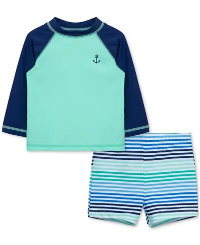 Little Me Baby Boys 2-pc. Anchor Rash Guard & Swim Trunks Set In Green,blue