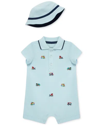 Little Me Baby Boys 2-pc. Embroidered Trucks Romper & Bucket Hat Set In Blue