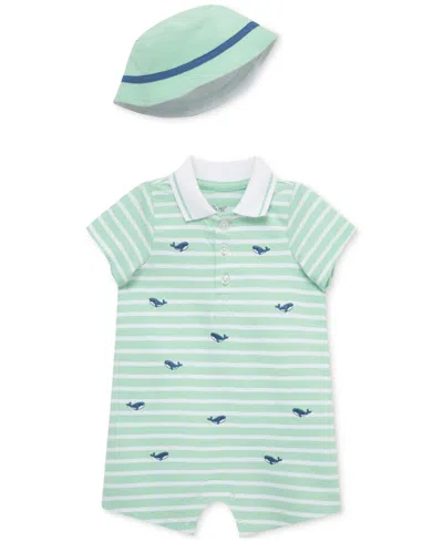 Little Me Baby Boys 2-pc. Embroidered Whale Stripe Romper & Bucket Hat Set In Green