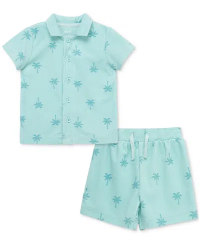 Little Me Baby Boys 2-pc. Palm Tree Terry Button-down Shirt & Shorts Set In Blue