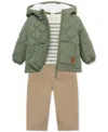 Little Me Little Boy's 3-piece Faux Fur Lined Jacket, Striped Tee & Pants Set In Green
