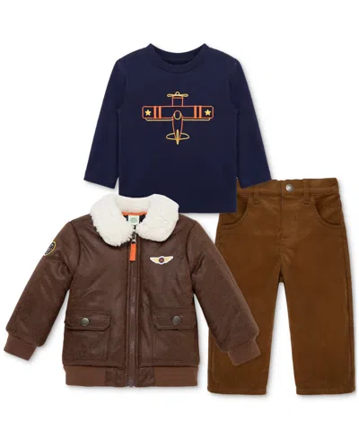 Little Me Baby Boys Aviator Jacket, T-shirt & Pants, 3 Piece Set In Brown