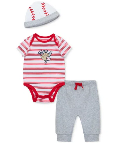 Little Me Baby Boys Baseball Cotton Bodysuit, Pant & Hat, 3 Piece Set In Dark Gray
