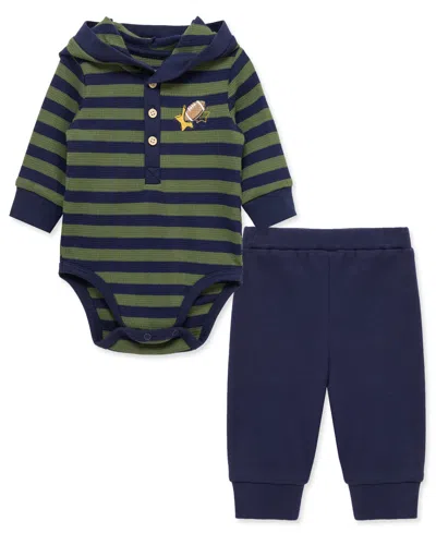 Little Me Baby Boys Cotton Hooded Football Bodysuit & Pants Set In Multi