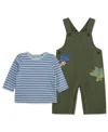 Little Me Baby Boys Cotton Striped T-shirt & Dino Overalls Set In Green