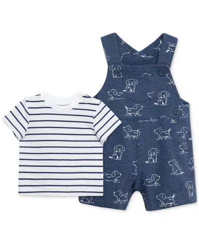 Little Me Baby Boys Cotton Striped T-shirt & Puppy Shortall, 2 Piece Set In White,blue