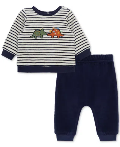 Little Me Baby Boys Dino Striped Velour Top & Pants, 2 Piece Set In Blue