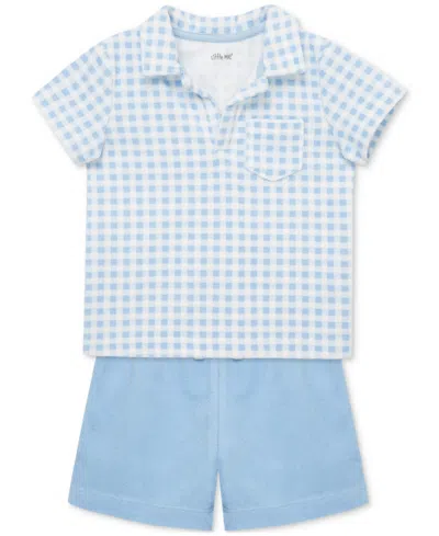 Little Me Baby Boys Gingham Terry Polo Top & Shorts, 2 Piece Set In Light Blue