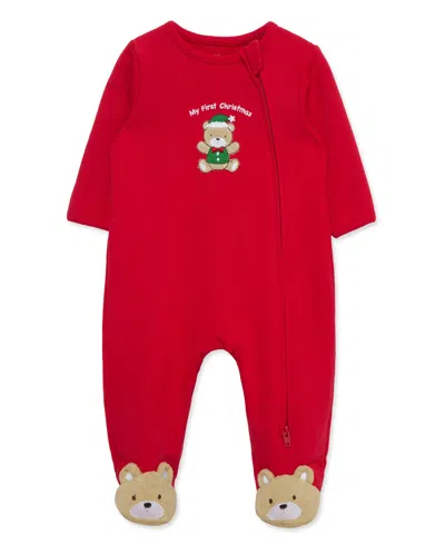 Little Me Baby Boys' Holiday Bear Graphic Footed Coveralls In Red