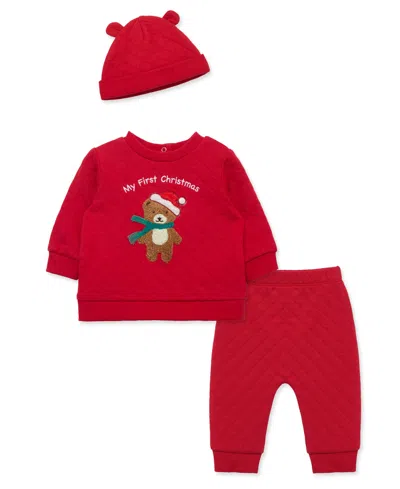 Little Me Baby Boys' Holiday Bear Graphic Top, Pants And Hat, 3-piece Set In Red