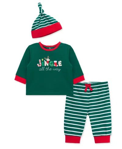 Little Me Baby Boys' Jingle Graphic Top, Striped Joggers And Hat, 3-piece Set In Green