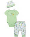 Little Me Baby Boys Jungle Cotton Bodysuit, Pant & Hat, 3 Piece Set In Green
