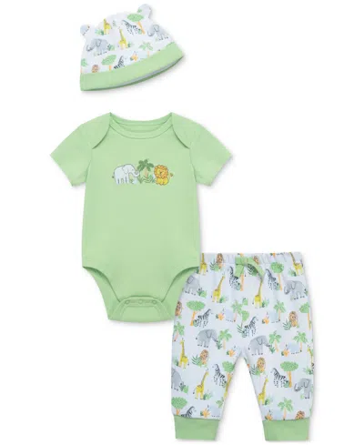 Little Me Baby Boys Jungle Cotton Bodysuit, Pant & Hat, 3 Piece Set In Green