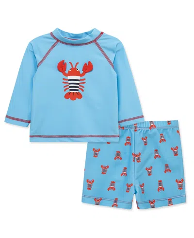 Little Me Baby Boys' Lobster Long-sleeve Rash Guard And Swim Trunks, 2-piece Set In Blue