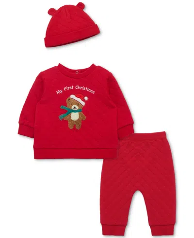 Little Me Baby Boys My 1st Christmas Bear Quilted Sweatshirt, Hat & Quilted Pants, 3 Piece Set In Brown