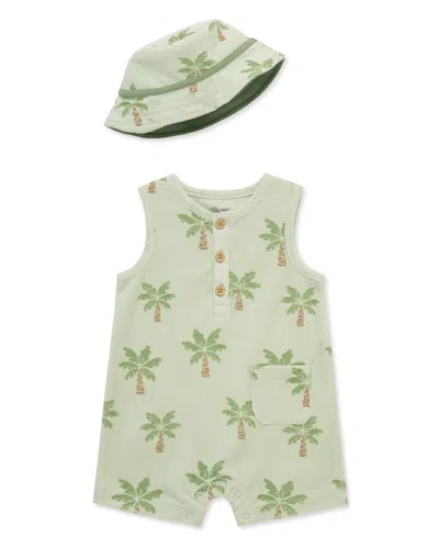 Little Me Babies'  Palm Tree Terry Romper & Hat Set In Green
