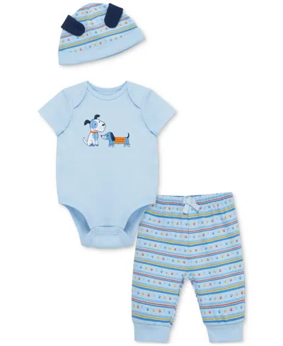 Little Me Baby Boys Puppies Cotton Bodysuit, Hat & Pants, 3 Piece Set In Light Blue