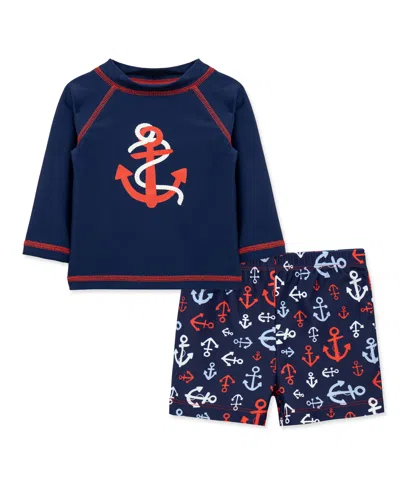 Little Me Baby Boys' Round Neck Rash Guard And Swim Trunks, 2-piece Set In Blue