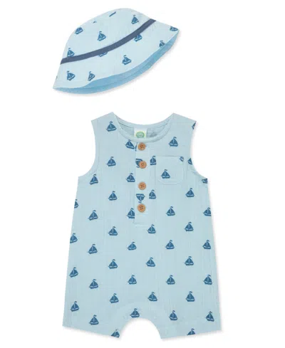 Little Me Baby Boys Sailboats Romper With Hat In Blue