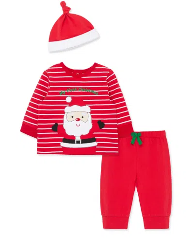 Little Me Baby Boys' Santa Stripe Printed Top, Joggers And Hat, 3-piece Set In Red