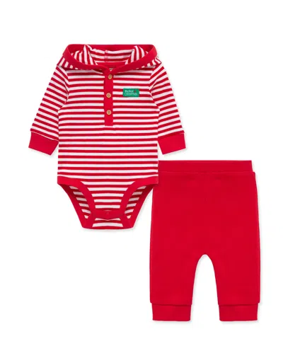 Little Me Baby Boys' Santa Striped Hooded Bodysuit And Pants, 2-piece Set In Burgundy