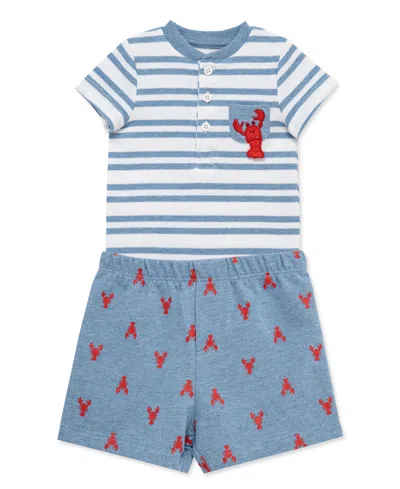 Little Me Baby Boys' Striped Short-sleeve Bodysuit And Shorts, 2-piece Set In Blue