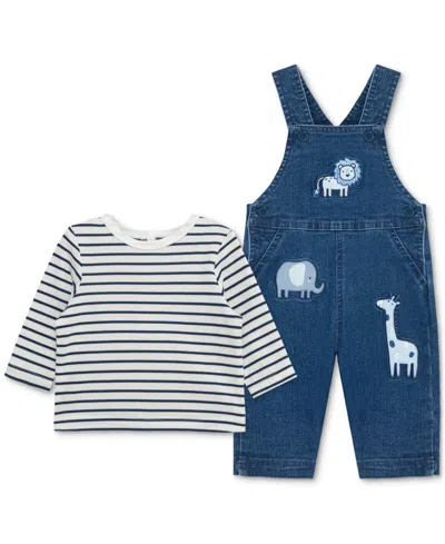 LITTLE ME BABY BOYS STRIPED T-SHIRT & SAFARI WOVEN DENIM OVERALL, 2 PIECE SET