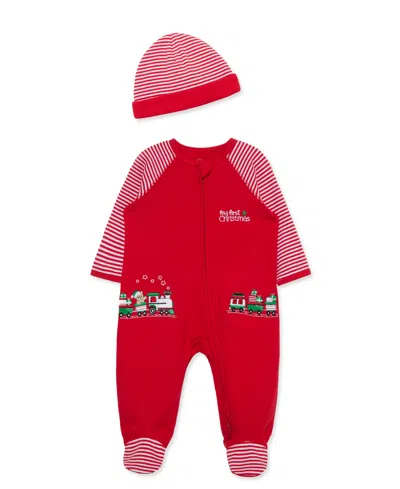 Little Me Baby Boys' Train Gift Embroidered Footed Coveralls And Hat, 2-piece Set In Red