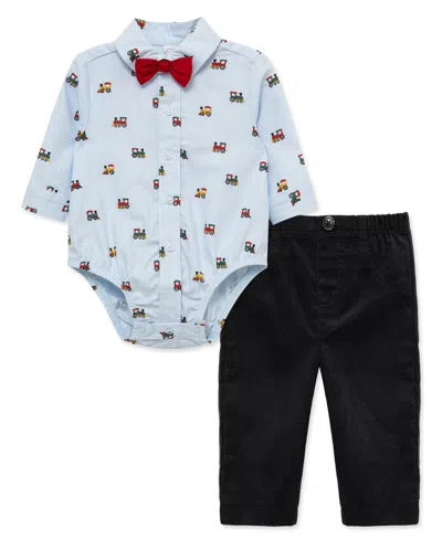 Little Me Baby Boys' Train Print Bodysuit And Pants, 2-piece Set In Blue