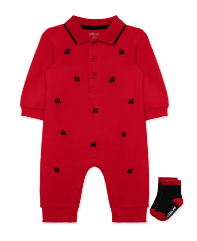 Little Me Baby Boys' Trains Coverall And Socks, 2-piece Set In Burgundy