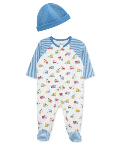 Little Me Baby Boys' Trucks Footed Coverall And Hat, 2-piece Set In Blue