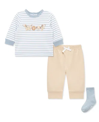 Little Me Kids' Baby Boys' Woof Striped T-shirt, Joggers And Socks, 3-piece Set In Blue