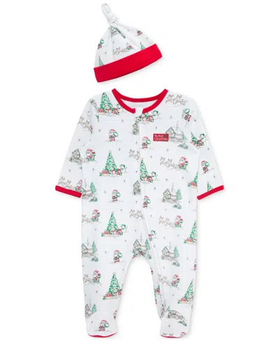 Little Me Baby Cotton Holiday Scene Footed Coverall & Hat In White