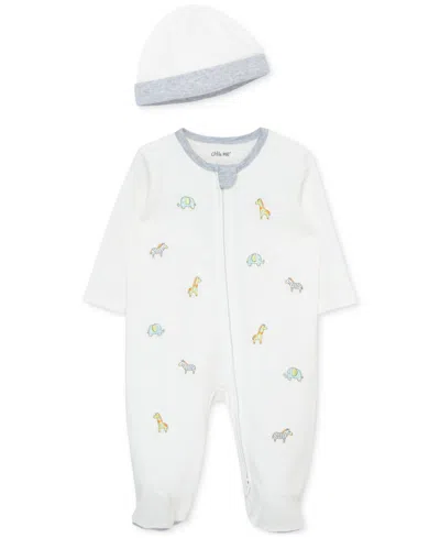 Little Me Baby Cotton Safari Animals Footie & Hat Set In Ivory