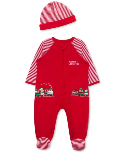 Little Me Baby Cotton Train Gift Footed Coverall & Hat, 2 Piece Set In Red