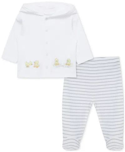 Little Me Baby Ducks Cotton Cardigan & Footed Pants, 2 Piece Set In White