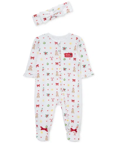 Little Me Baby Festive Footed Coverall & Headband, 2 Piece Set In White
