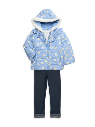 Little Me Baby Girl's 3-piece Floral Puffer Jacket, Tee & Leggings Set In Blue Multi