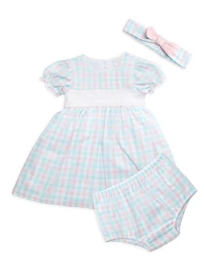 Little Me Baby Girls' Bow Check Headband, Smocked Check Dress, & Check Bloomers Set - Baby In White Pink