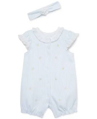 Little Me Baby Girls 2-pc. Embroidered Cotton Romper & Headband Set In Blue
